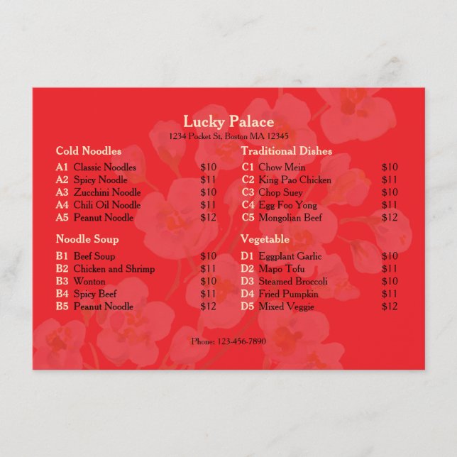 Cherry Blossom Asian Restaurant Flat Menu (Front)