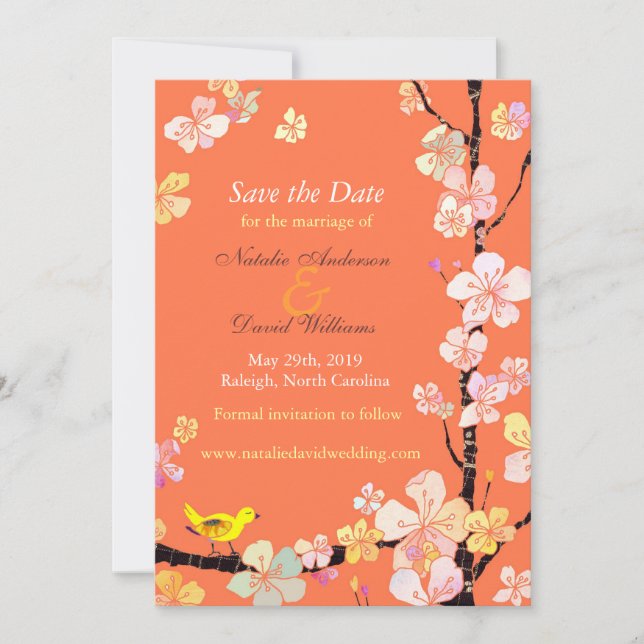 Cherry Blossom Bird Orange Wedding Save the Date (Front)