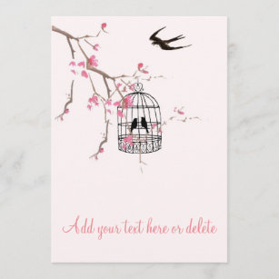 Cherry blossom, birdcage, bird card, invite