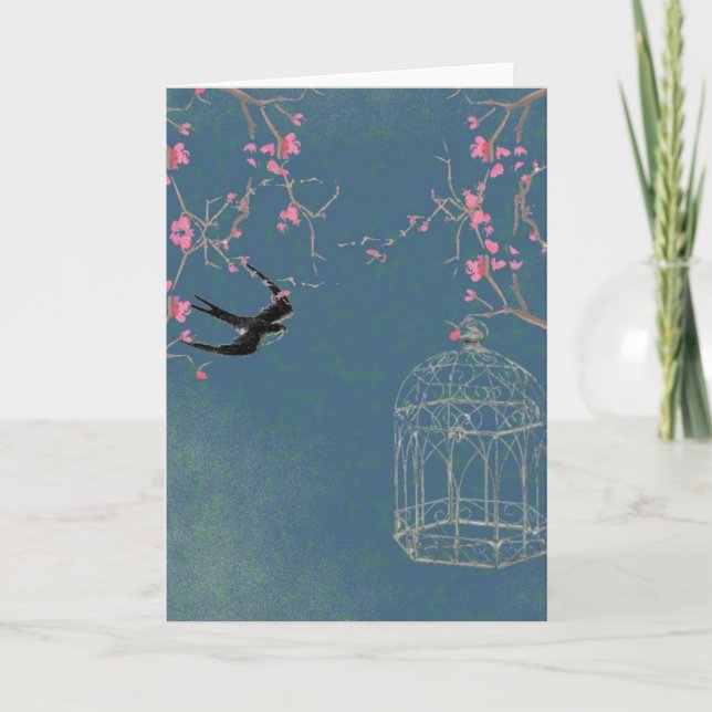 Cherry blossom, birdcage card, invite, birthday invitation (Front)