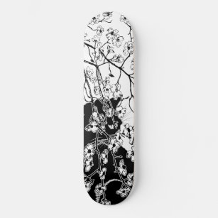 Cherry Blossom Black Cat Floral Black and White Skateboard