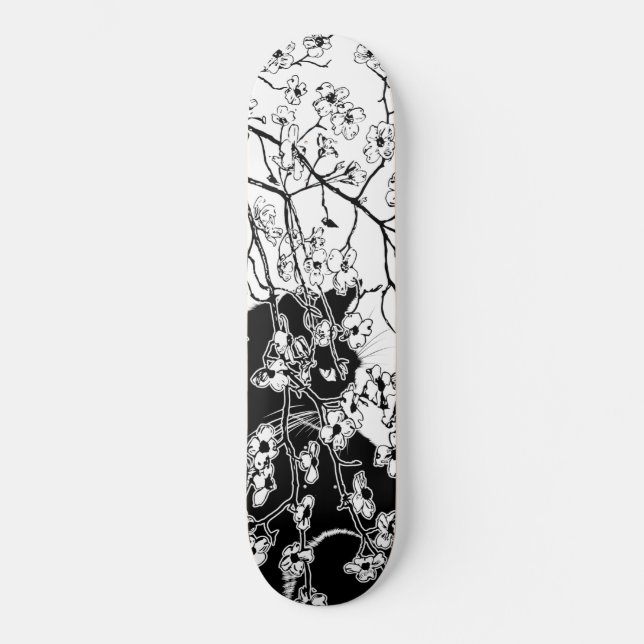 Cherry Blossom Black Cat Floral Black and White Skateboard (Front)