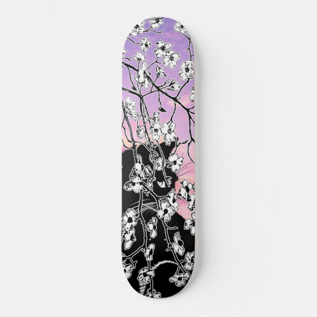 Cherry Blossom Black Cat Floral Sunset Pink Sky Skateboard (Front)