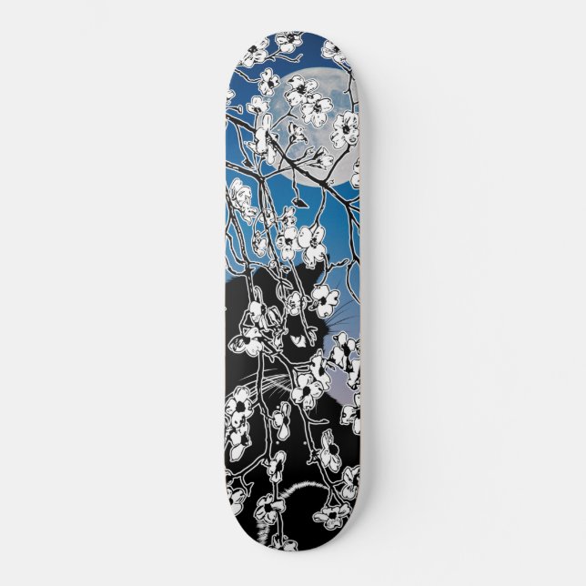 Cherry Blossom Black Cat Full Moon Night Skateboard (Front)