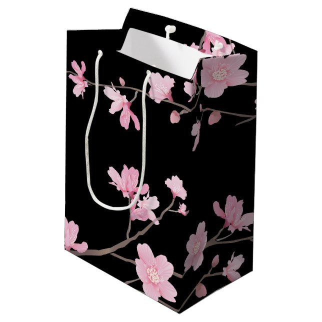 Cherry Blossom - Black Medium Gift Bag (Back Angled)