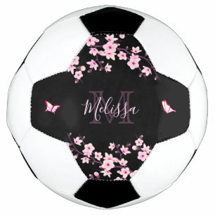 Cherry Blossom Black Pink Your Name Monogram Soccer Ball