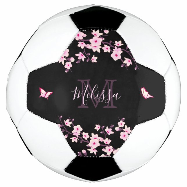 Cherry Blossom Black Pink Your Name Monogram Soccer Ball (Front)