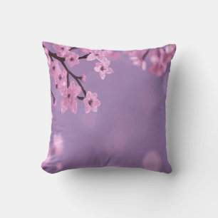 Cherry Blossom Blooms on Purple Background Cushion