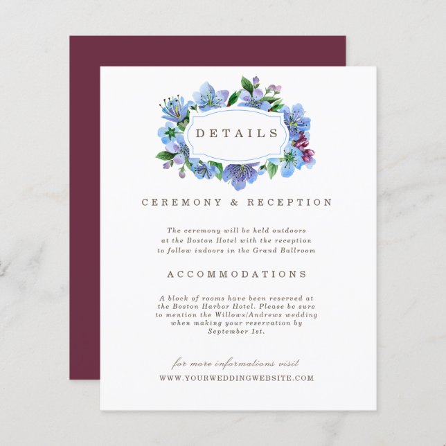 Cherry Blossom Blue Elegant budget Wedding Details (Front/Back)