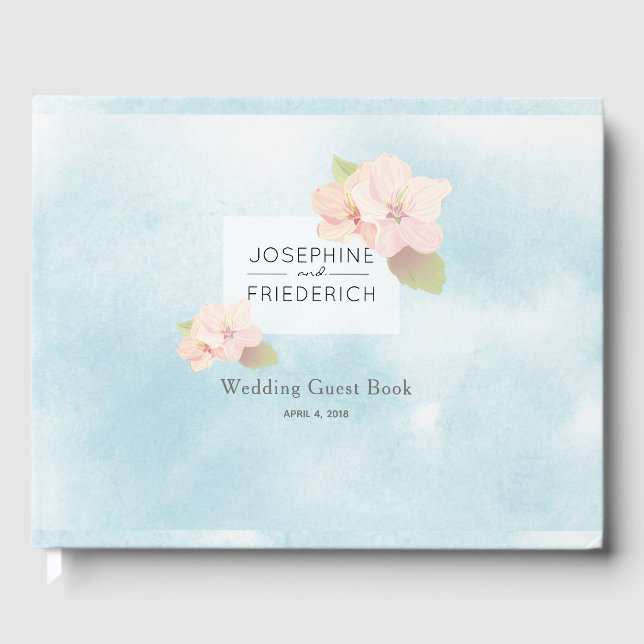 Cherry Blossom Blue Watercolor Wedding Guest Book (Front)