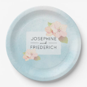 Cherry Blossom Blue Watercolor Wedding Paper Plate