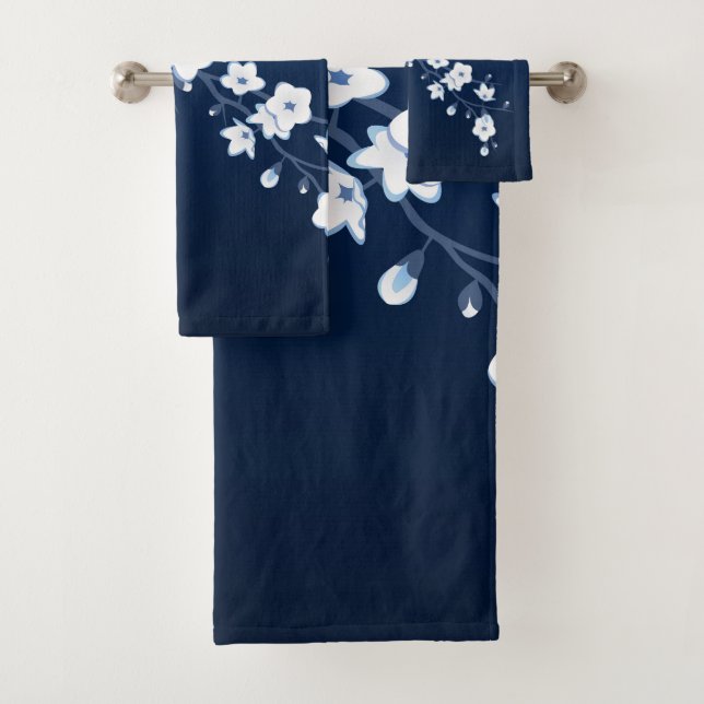 Cherry Blossom Blue White Bath Towel Set (Insitu)