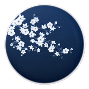 Cherry Blossom Blue White Ceramic Knob