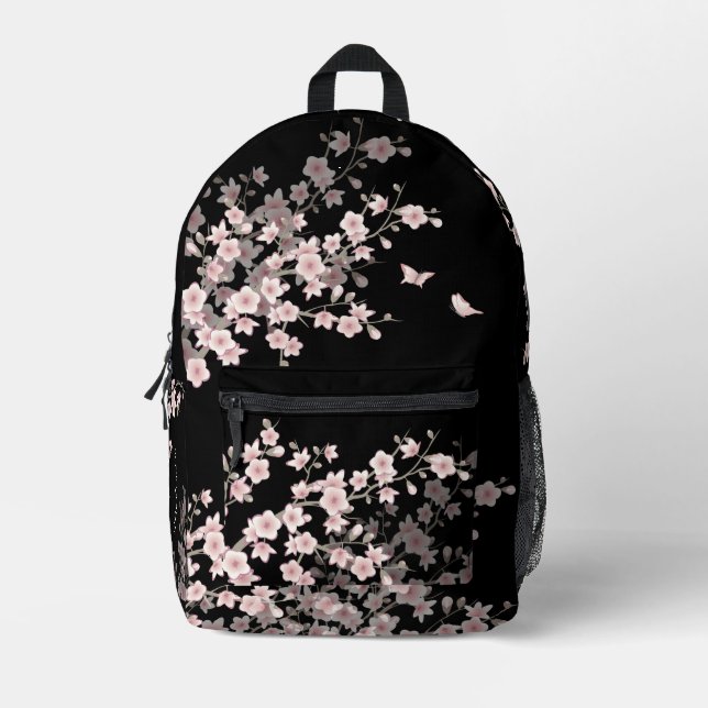 Cherry Blossom Blush Pink Black  Printed Backpack (Front)