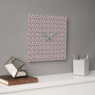Cherry Blossom Botanical Pattern   Red Floral Square Wall Clock