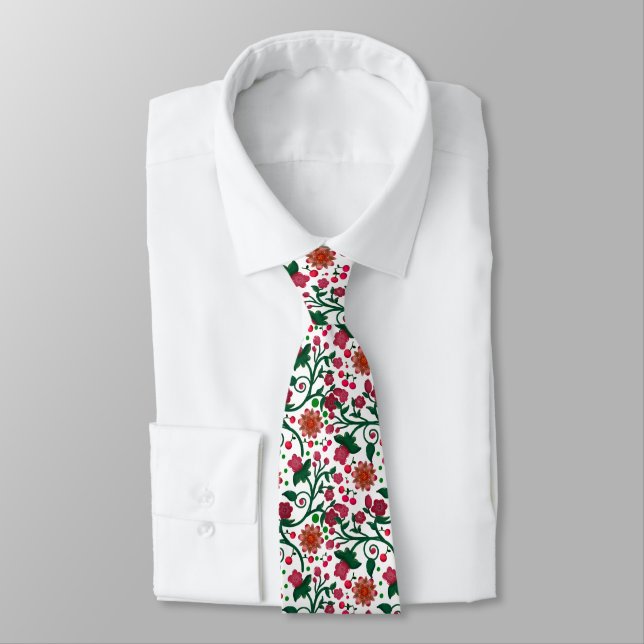 Cherry Blossom Botanical Pattern | Red Floral Tie (Tied)