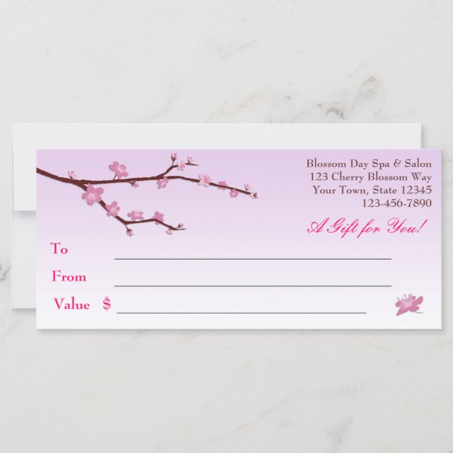 Cherry Blossom Branch, Lilac Gift Certificate (Front)