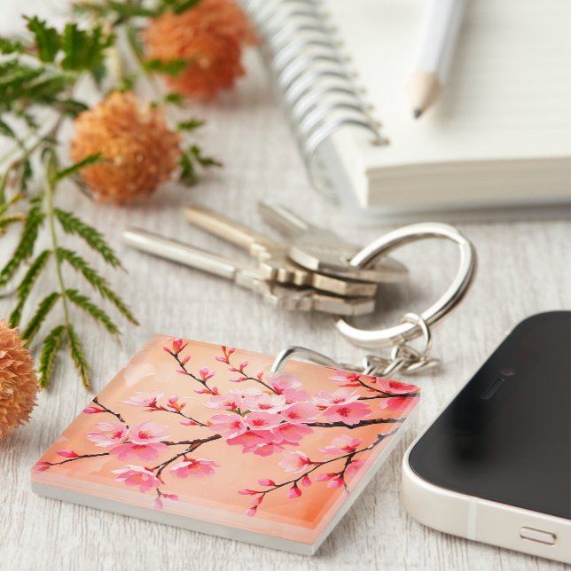 Cherry Blossom Branches Art – Elegant Pink Sakura  Key Ring (Front Right)
