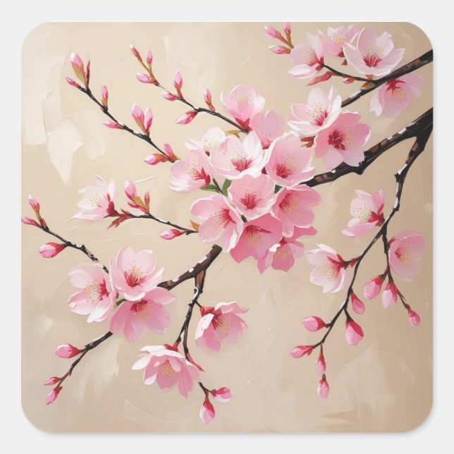 Cherry Blossom Branches Art – Elegant Pink Sakura  Square Sticker (Front)