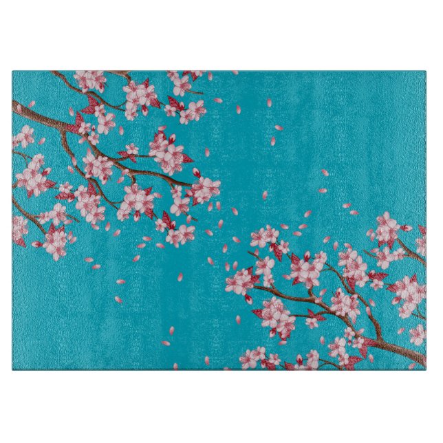 Cherry Blossom Branches Custom Glass Cutting Board (Front)