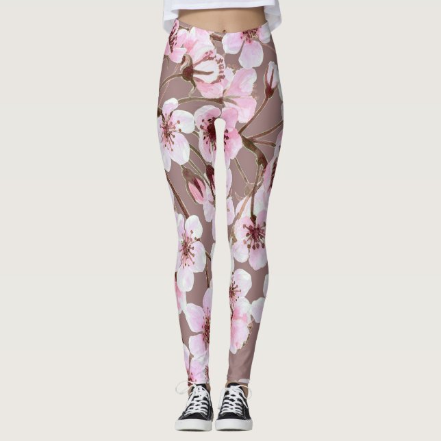 Cherry Blossom Branches Watercolor Pattern Leggings (Front)