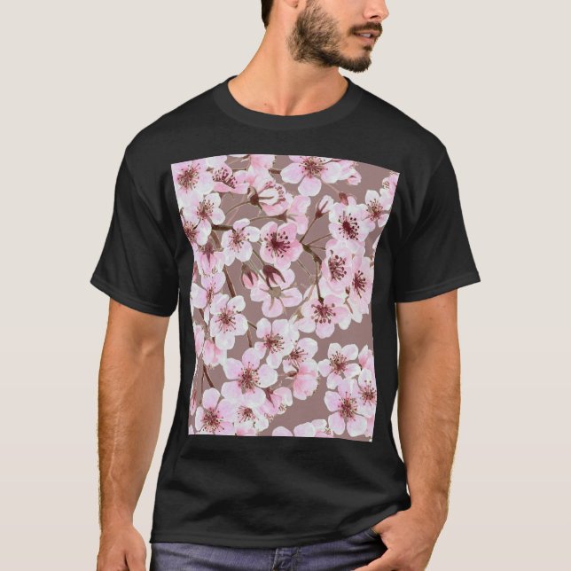 Cherry Blossom Branches Watercolor Pattern T-Shirt (Front)