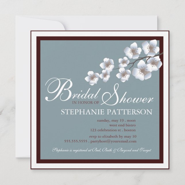 Cherry Blossom Bridal Shower Invitation Blue Brown (Front)