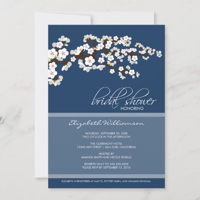 Cherry Blossom Bridal Shower Invitation (navy) (Front)
