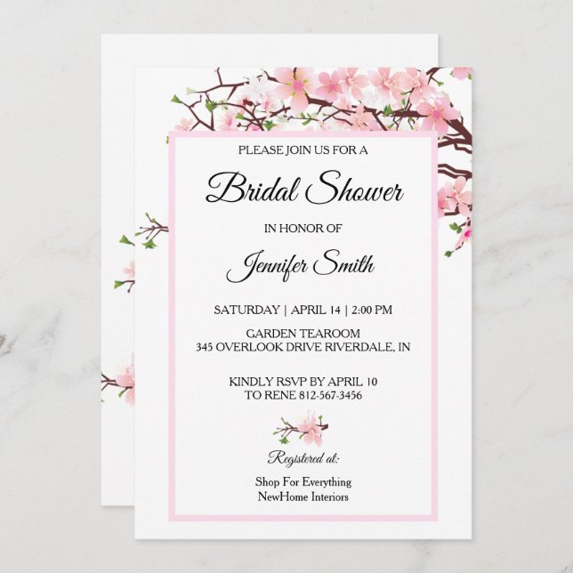 Cherry Blossom Bridal Shower Pink Wedding Card (Front/Back)