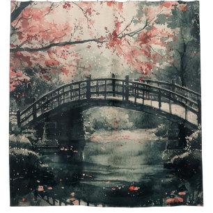 Cherry Blossom Bridge Sumi-E Landscape (1) Shower Curtain