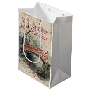 Cherry Blossom Bridge Sumi-E Landscape (2) Medium Gift Bag