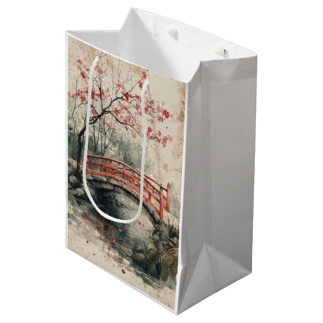 Cherry Blossom Bridge Sumi-E Landscape (2) Medium Gift Bag (Front Angled)