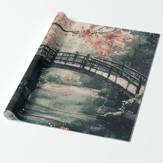 Cherry Blossom Bridge Sumi-E Landscape Wrapping Paper (Unrolled)