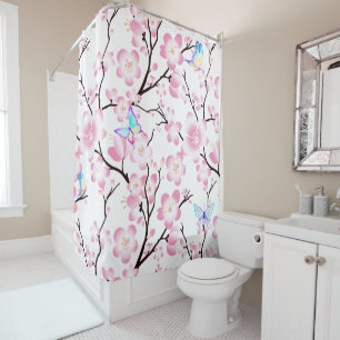 cherry blossom butterflies iridescent elegant pink shower curtain