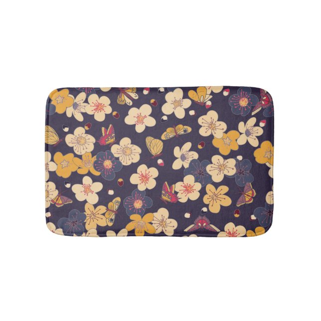 Cherry Blossom Butterfly Asian Print Bath Mat (Front)