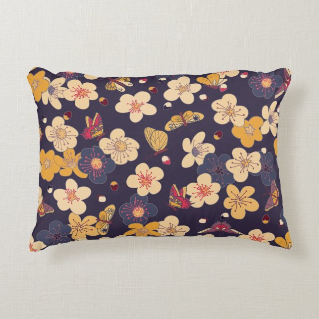 Cherry Blossom Butterfly Asian Print Decorative Cushion (Front)