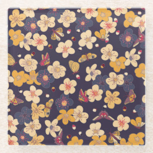 Cherry Blossom Butterfly Asian Print Glass Coaster