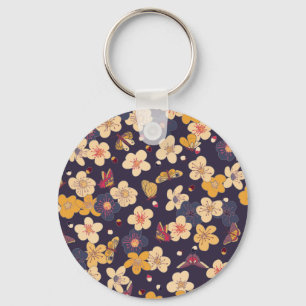 Cherry Blossom Butterfly Asian Print Key Ring