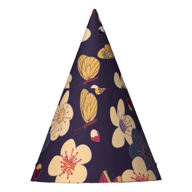 Cherry Blossom Butterfly Asian Print Party Hat (Front)