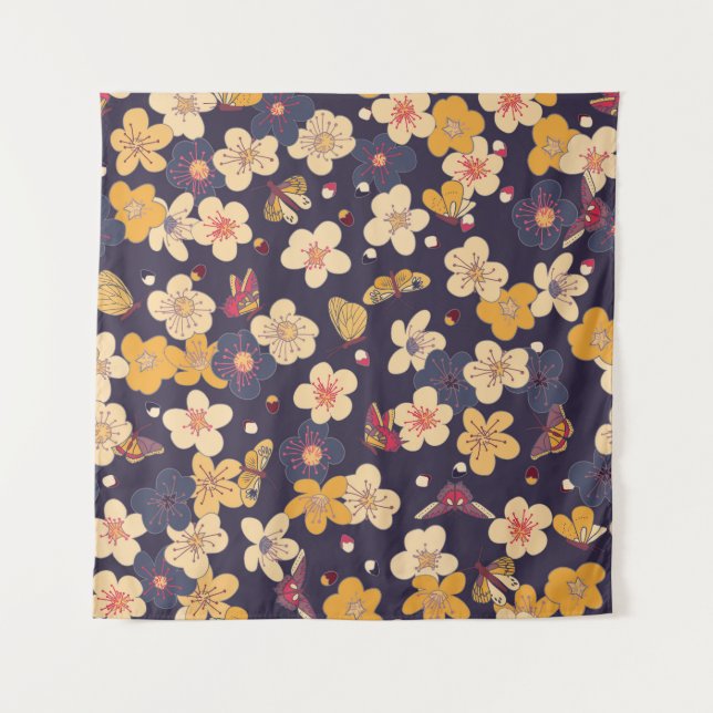 Cherry Blossom Butterfly Asian Print Tapestry (Front)