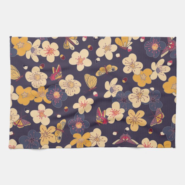Cherry Blossom Butterfly Asian Print Tea Towel (Horizontal)