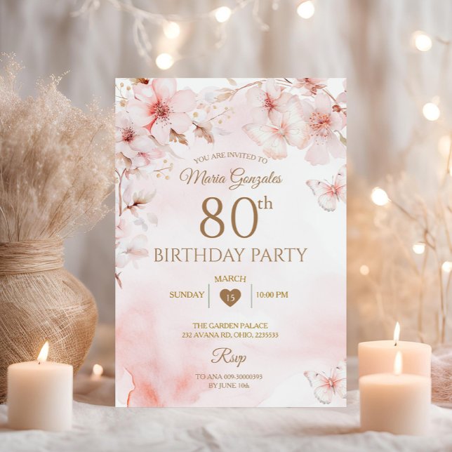 Cherry Blossom Butterfly Floral 80th Birthday  Invitation (Creator Uploaded)