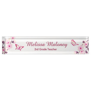 Cherry Blossom Butterfly Pink White Teachers Nameplate