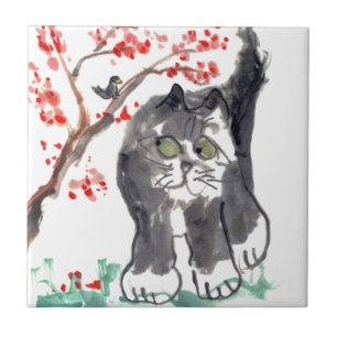 Cherry Blossom Cat and Bird Tile