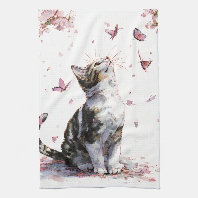 Cherry Blossom Cat and Butterflies (10) Tea Towel (Vertical)