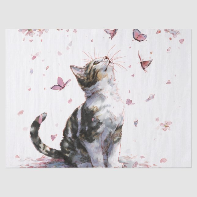 Cherry Blossom Cat and Butterflies (10) Tissue Paper (Front)