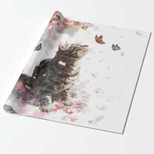 Cherry Blossom Cat and Butterflies (11) Wrapping Paper