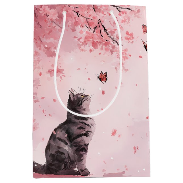 Cherry Blossom Cat and Butterflies (12) Medium Gift Bag (Front)