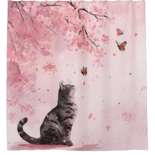 Cherry Blossom Cat and Butterflies (12) Shower Curtain