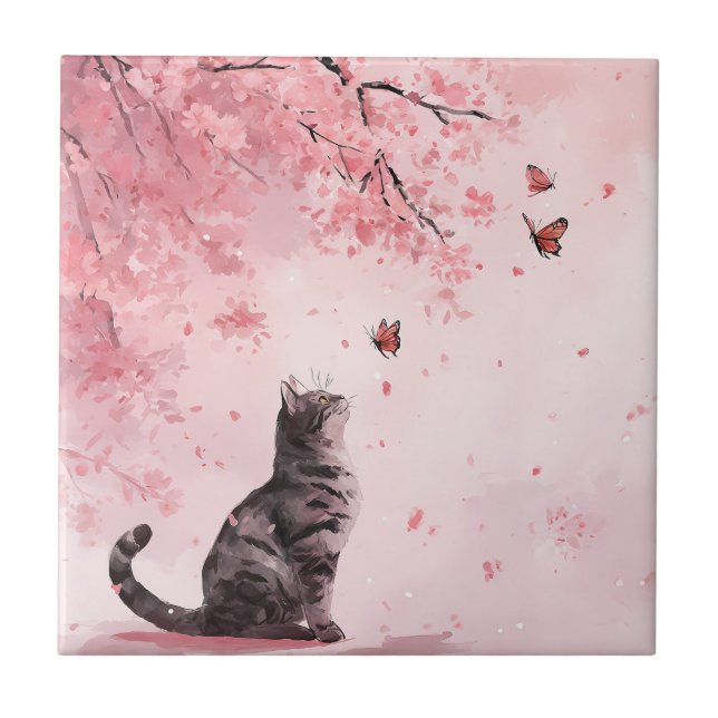 Cherry Blossom Cat and Butterflies (12) Tile (Front)